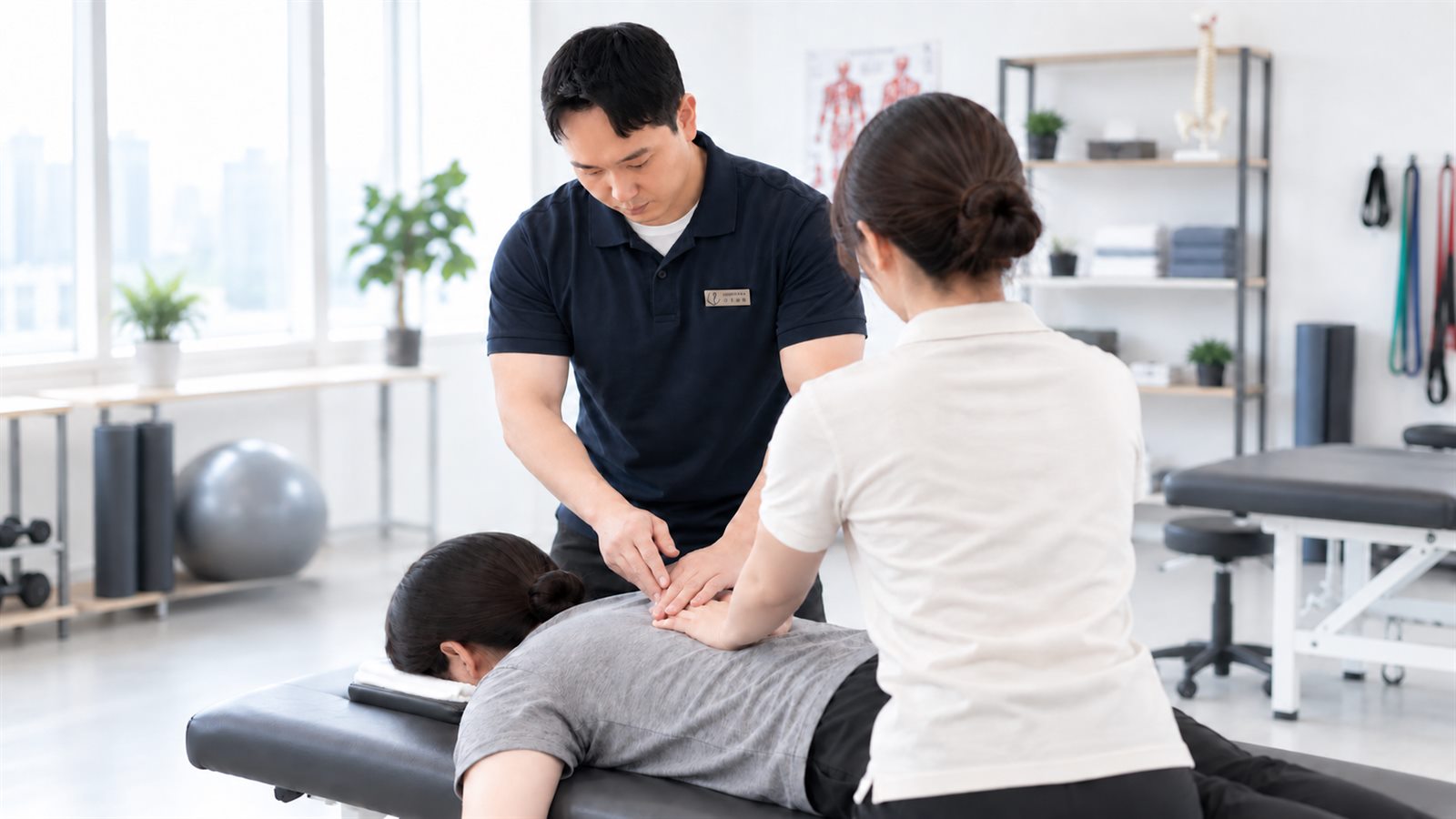 대표강사가 교육생의 허리 근막 컨디셔닝을 실습 지도하는 모습